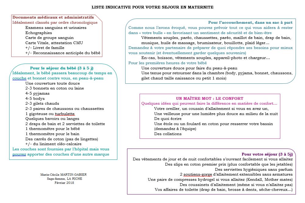 Liste indicative séjour maternité Tours Chambray Chinon