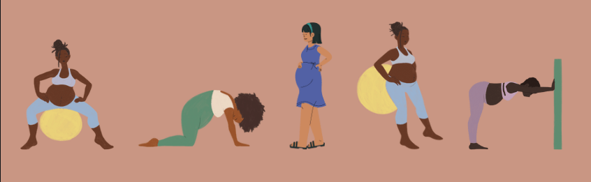 Femmes enceintes dans différentes positions favorisant l'accouchement : assise sur un ballon, à 4 pattes, marchant, en appui contre un mur le dos sur un ballon, le appui face à un mur, les mains repoussant le mur