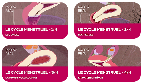 Capture des 4 vidéos de Korpo Real sur le cycle menstruel avec leurs titres (les bases, les règles, la phase folliculaire, la phase lutéale)