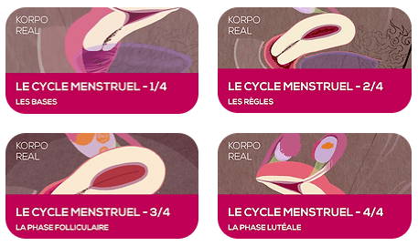 Capture des 4 vidéos de Korpo Real sur le cycle menstruel avec leurs titres (les bases, les règles, la phase folliculaire, la phase lutéale)